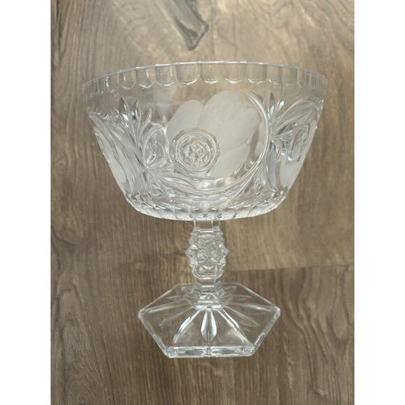 7" American Brilliant Cut Floral Star Crystal Pedestal Footed Bowl Glows Pink! - Picture 2 of 14